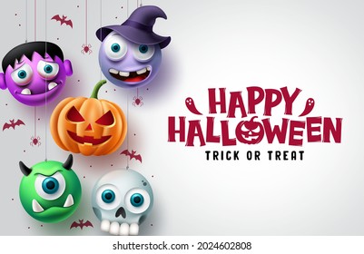 Halloween character vector background design. Happy halloween trick or treat text in white space with hanging scary pumpkin, skull, and witch horror characters. Vector illustration.