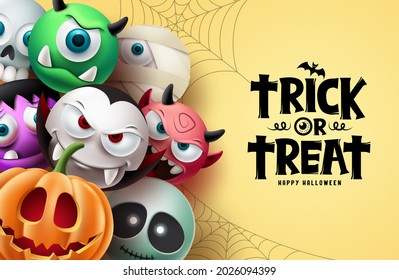 Halloween character vector background design. Happy halloween trick or treat text with scary, spooky and creepy mascot characters in cute facial expression. Vector illustration