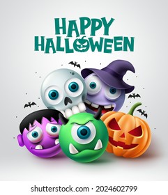 Halloween character vector design. Happy halloween text with scary pumpkin, skull, witch and cyclops horror characters background. Vector illustration.