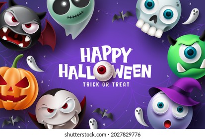 Halloween character vector design. Happy halloween text in speech bubble element with scary, spooky, creepy and cute mascot characters in red background. Vector illustration.