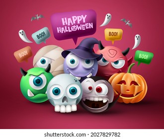 Halloween character vector design. Happy halloween text in speech bubble element with scary, spooky, creepy and cute mascot characters in red background. Vector illustration.