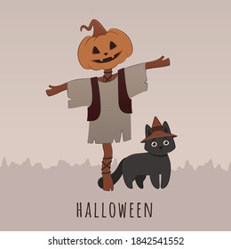 Halloween character vector illustration cute pumpkin and cat