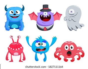 Halloween character vector set. Halloween horror characters like monster, octopus, bat and ghost isolated in white background for trick or treat cartoon collection design. Vector illustration