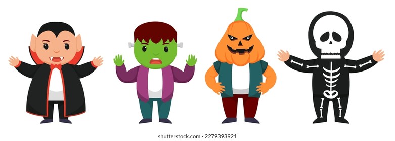 Halloween character vector set. Kids cartoon wearing Halloween costumes