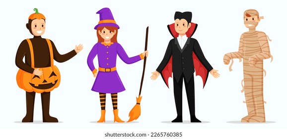 Halloween character vector set with pumpkin, witch, vampire and bandage costumes. Kids cartoon wearing Halloween costumes.