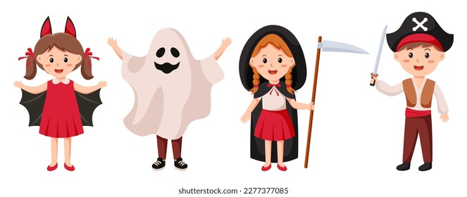 Halloween character vector set with vampire, ghost, witch and pirate costumes. Kids cartoon wearing Halloween costumes.