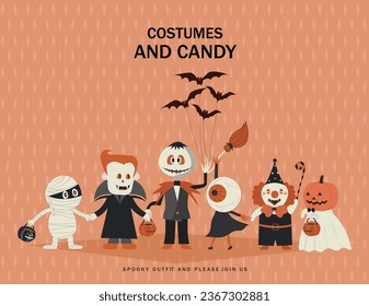 Halloween character vector set.Halloween element set,witch, ghost, spooky castle, mummy, skeleton, funny pumpkins.Vector illustrations.