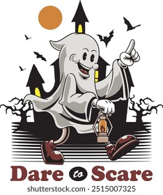 halloween character walking ghost in horror castle for badge and label sticker, banner, patch, greeting card, t-shirt and invitation in a cartoon retro groove style vector illustration