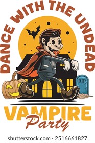 personaje de halloween caminando vampiro con murciélago, calabaza en el castillo para la insignia y etiqueta engomada, Anuncio, parche, tarjeta de felicitación, camiseta e invitación en una Ilustración vectorial de estilo retro groove de dibujos animados