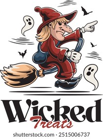 halloween character witcher with the flying broom for badge and label sticker, banner, patch, greeting card, t-shirt and invitation in a cartoon retro groove style vector illustration