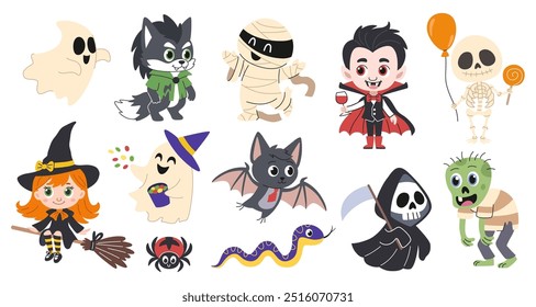 Halloween characters and animals set. Cute ghosts, werewolf, vampire, zombie, mummy, witch and skeleton. Halloween spider, snake, bat. White background