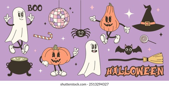 Personajes de Halloween con brazos y piernas en estilo retro. Ilustración de Vector para diseños vintage de Halloween, decoraciones espeluznantes e invitaciones festivas