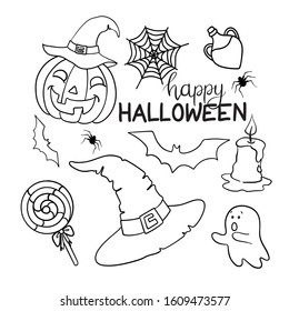 Halloween characters and attributes doodle set. Vector illustration.