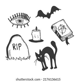 Halloween characters and attributes doodle set. Vector illustration.