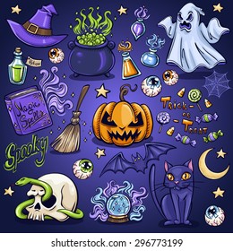 Conjunto de rabiscos de caracteres e atributos de Halloween. Ilustração vetorial.