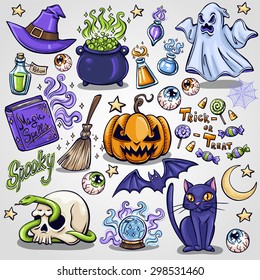 Halloween-Zeichen und Attribute-Doodle-Set. Vektorgrafik.