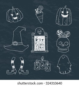 Halloween characters and attributes doodle set. Vector illustration. Pumpkins, headstone, witches hat and feet, candles, ghost, skull, candy, sweets, lettering