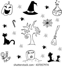 Halloween characters and attributes doodle set Vector illustration.