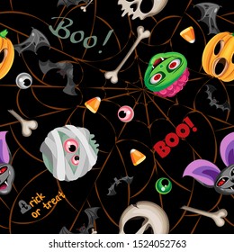 Halloween characters and attributes. Vector seamless pattern. On a black background with a dark orange web