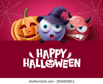 Halloween characters background design. Happy halloween text in red space with creepy, spooky and scary characters for horror party decoration. Vector illustration.