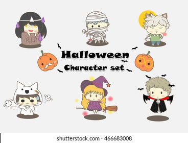 Halloween characters cartoon set ,ghost ,witch,werewolf,mummy, Dracula and spooky