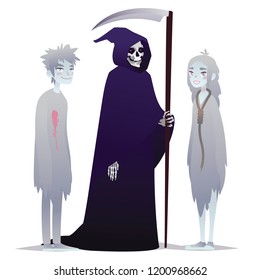 Halloween characters in cartoon style. Grim Reaper and two Ghosts. Vector illustration of family dressed up for Halloween masquerade party on white background. Halloween costumes.