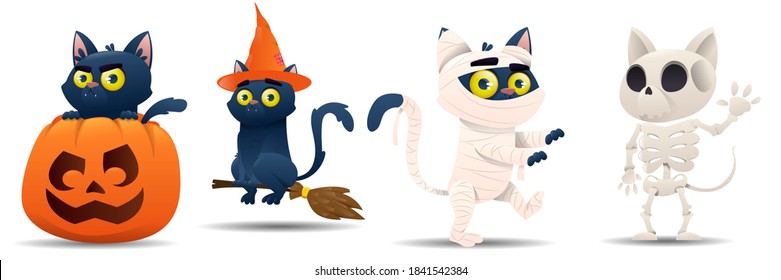 Halloween characters cats set. Cats are dressed in a witch, pumpkin, ghost, zombie, skeleton, death costume. Halloween outfit collection. Vector illustration