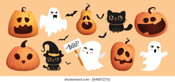 Halloween characters clipart set. Pumpkins, ghost and cat character clip art in cute, scary, spooky and skittish facial expression collection vector illustration. 
