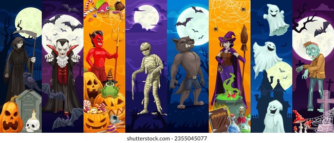 Collage de personajes de Halloween con monstruos espeluznantes de la fiesta de la noche del horror, vector de dibujos animados. Calabazas espeluznantes para las fiestas de Halloween, zombie y momia, bruja con vampiro, hombre lobo y fantasmas en el cementerio