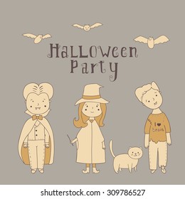Halloween Characters: Collection of Halloween characters. Cute vampire, witch, zombie, cat. It can be used for design Halloween party invitations, scrapbook.