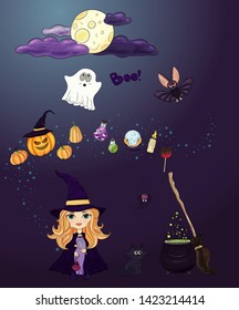 Halloween characters collection. Happy Halloween objects set. Colorful magic persons and icons pack. Little wizard girl, cat, wizard hat, potion, magic bottles, bat, ghost, moon, pumpkins,jack lantern