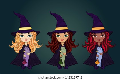 Halloween characters collection. Little wizards set. Beautiful girls in witch costume. Girls in Halloween costumes. Funny and cute carnival  set.Halloween Kids Costume Party. Colorful magic character.