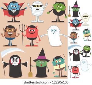 Halloween Characters: Collection of Halloween characters. On the right are the same characters adapted for white background. No transparency and gradients used.