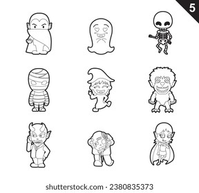 Halloween Characters Coloring Book Cute Cartoon Vector Set 5
