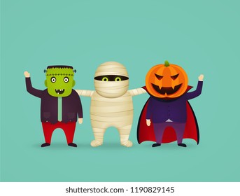 Halloween characters in costume mummy, vampire, frankenstein.