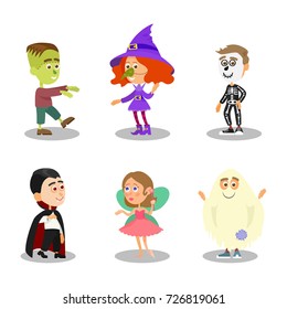 Halloween characters costume for party. Costume for zombie, witch, skeleton, dracula, fairy, ghost. Vector illustration