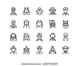 Halloween personagens fantasias ícone definir, ajustável peso da linha ícones, vampiro, drácula, bruxa, zumbi, diabo, frankenstein, fantasma, símbolo, traço, contorno, vetor, design, gráfico