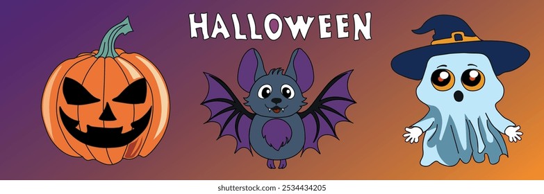 Halloween characters for creative projects. Inscription Halloween, bat, pumpkin, ghost. Vector illustration.