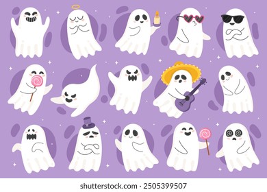 Halloween characters. Cute cartoon ghosts. Stickers, emotions. Spooky, mystical spirits. Various cute рalloween characters, ghosts. Purple background.