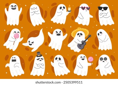 Halloween characters. Cute cartoon ghosts. Stickers, emotions. Spooky, mystical spirits. Various cute рalloween characters, ghosts. Orange background.