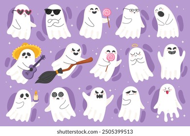 Halloween characters. Cute cartoon ghosts. Stickers, emotions. Spooky, mystical spirits. Various cute рalloween characters, ghosts. Purple background.