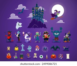 Halloween characters, cute cartoon monsters and spooky castle. Vector scary witch, ghosts, pumpkin, mummy and dracula vampire, Halloween horror zombie, devil, wizard, pirate and werewolf personages