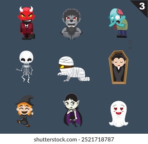 Conjunto de vetor de desenhos animados bonitos dos personagens de Halloween 3