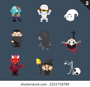 Personagens de Halloween bonitos conjunto de vetor de desenhos animados 2