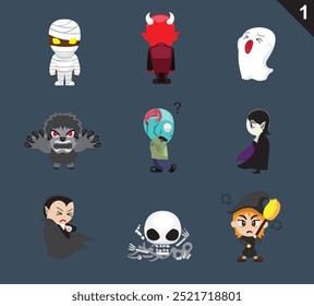 Personagens de Halloween bonitos conjunto de vetor de desenhos animados 1