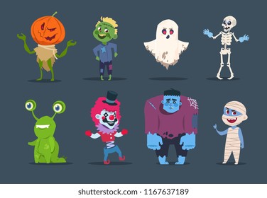 Halloween characters. Cute monsters and kids dressing in halloween costumes. Vector isolated set evil pumpkin, horror mummy and ghost illustration