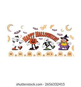 Personagens de Halloween dançando com luas e morcegos fantasma