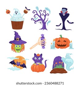 Halloween characters and decor vector illustrations set. Funny witch, vampire, carved pumpkin, ghost on graveyard, cat with candy, spooky desserts, bat and full moon. Halloween, holiday concept