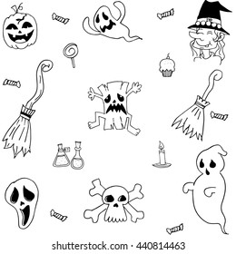 Halloween characters and element doodle set on white backgrounds