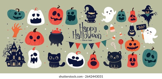 Halloween characters elements clipart set. Happy Halloween text with retro horror cute character clip art like pumpkins, ghost, cat, cauldron and Jack O faces collection in isolated background vector 